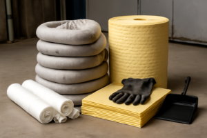 Componentes esenciales de un kit antiderrames para hidrocarburos.