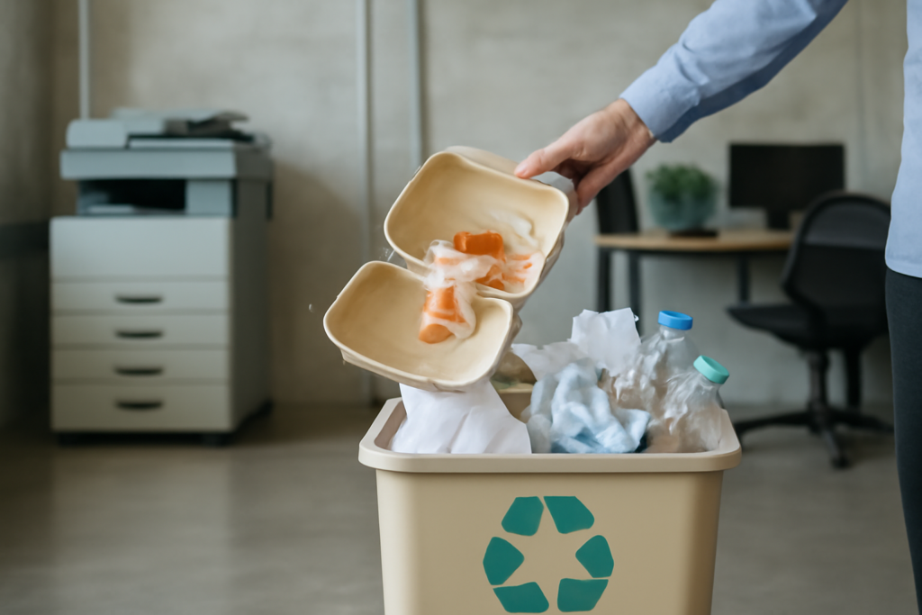 Errores comunes al reciclar: Muestra qué elementos ensucian el material reciclable y arruinan el proceso de separación en la oficina.